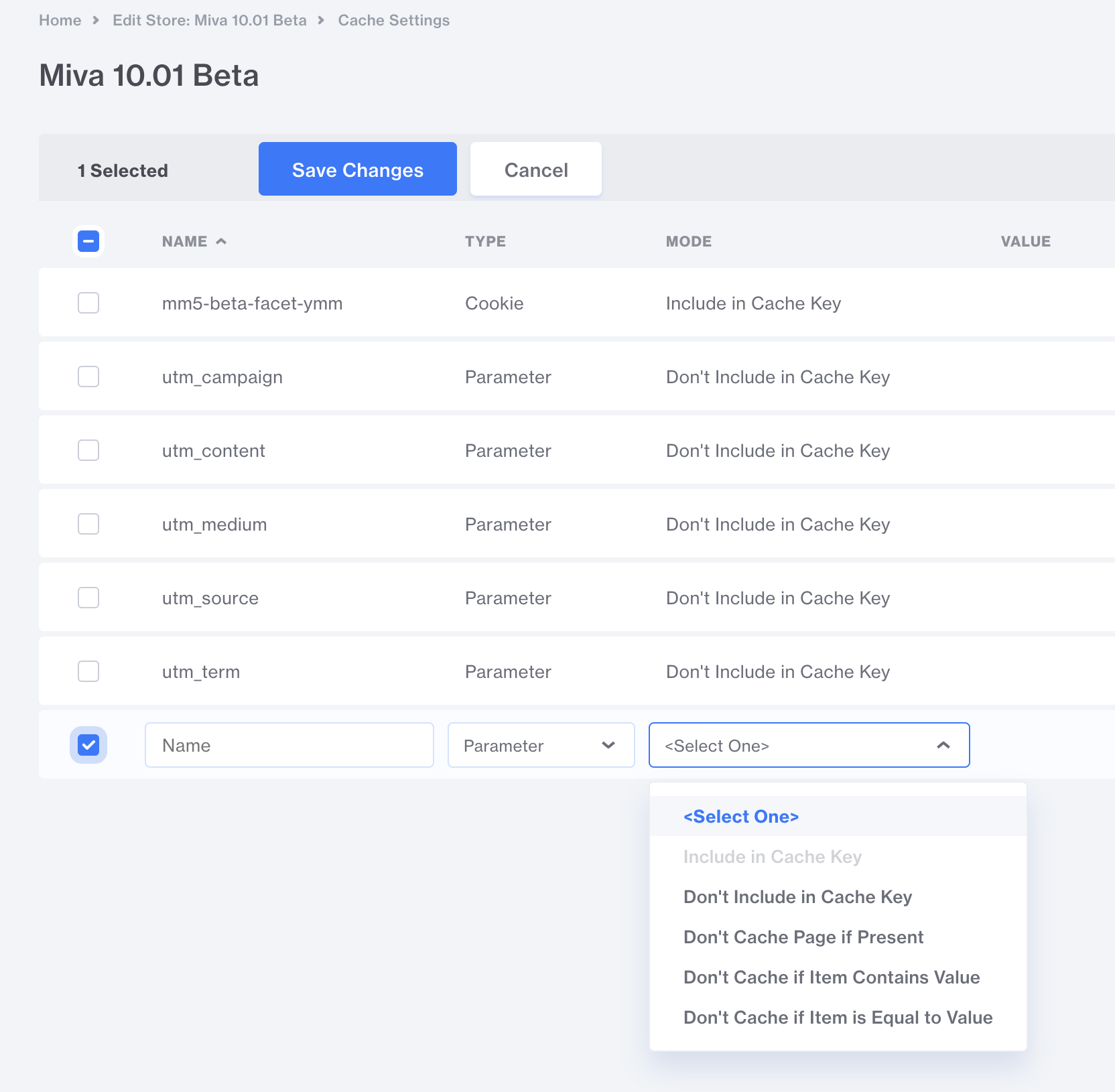 Miva Cache Settings