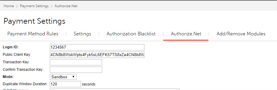 Authorie.net Payment Settings